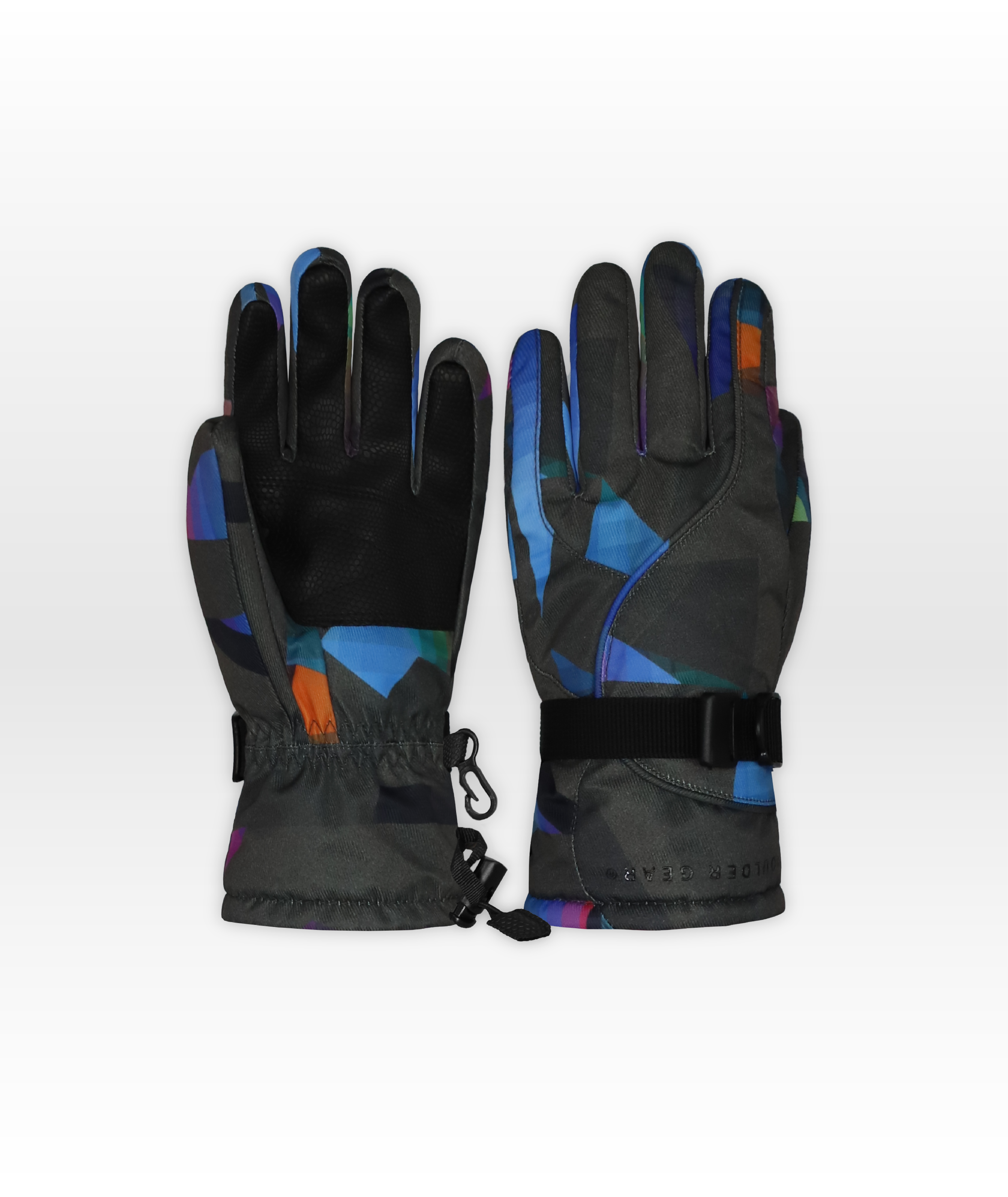 Pair of black gloves with colorful pattern on a white background