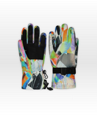 Bright colorful gloves with a bold geometric pattern on a white background