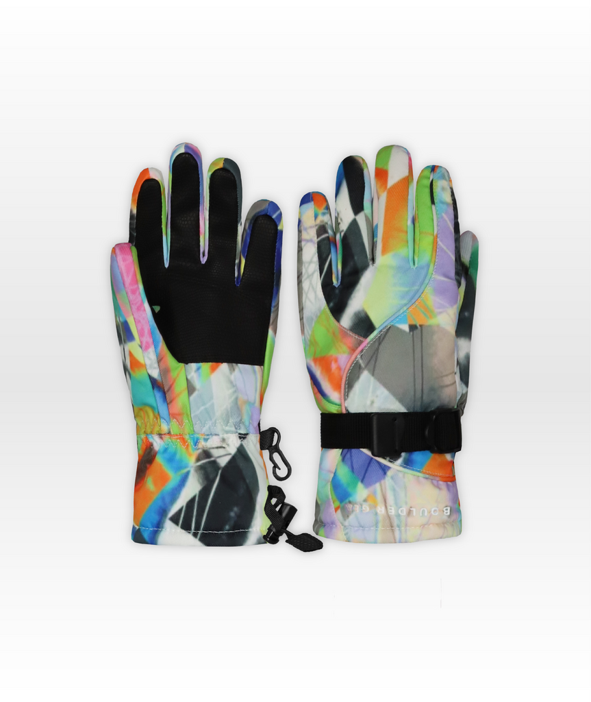 Bright colorful gloves with a bold geometric pattern on a white background