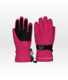 Pair of pink gloves with black accents on a white background