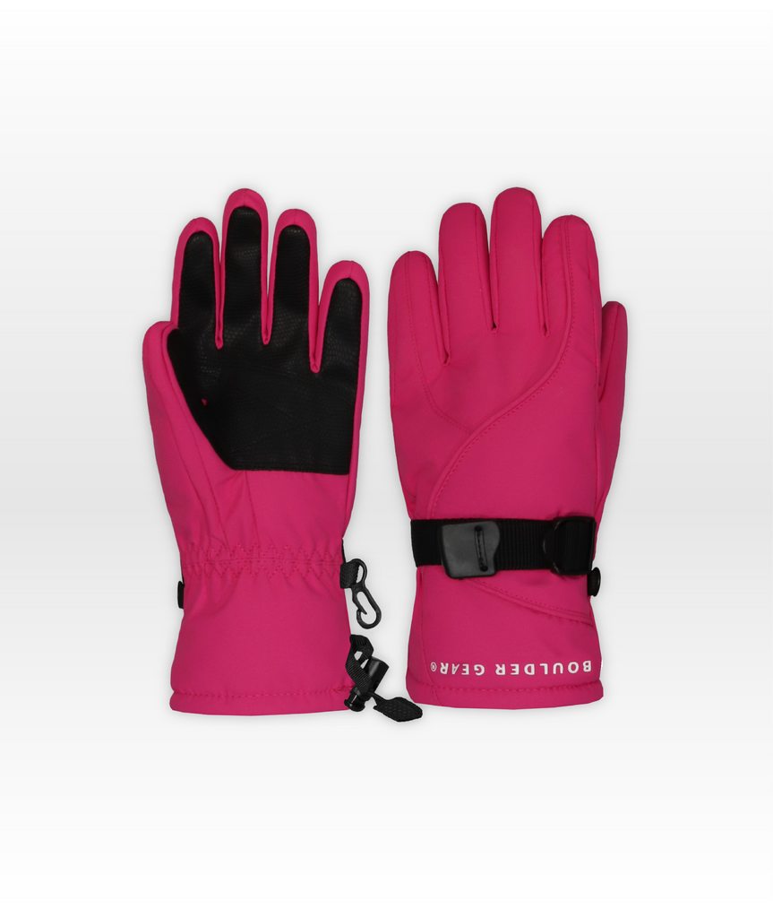 Pair of pink gloves with black accents on a white background