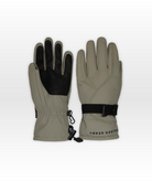 Pair of tan gloves with black accents on a white background