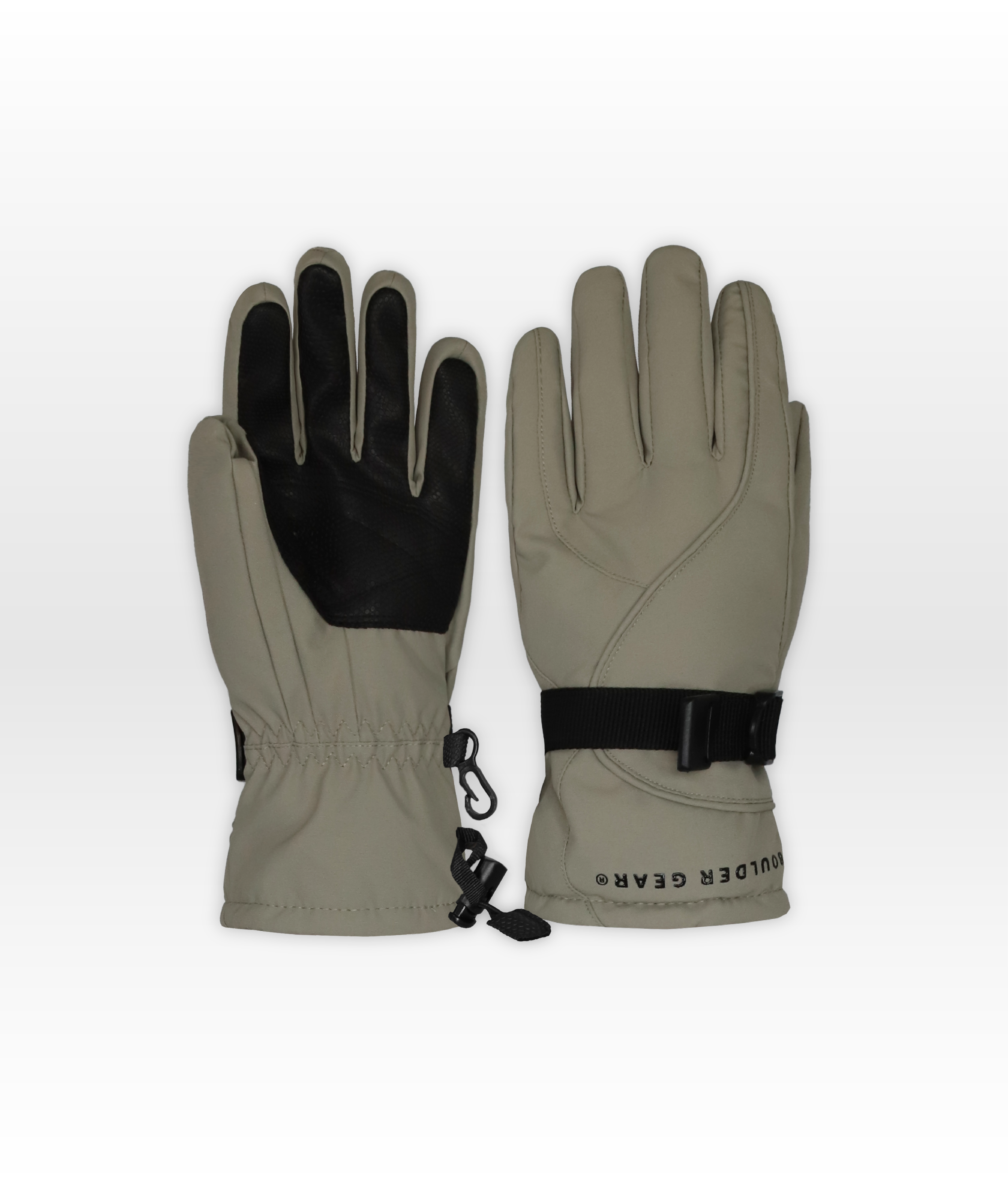 Pair of tan gloves with black accents on a white background