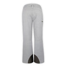 back of a pair of heather gray snow pants with black leg zipper on a white background