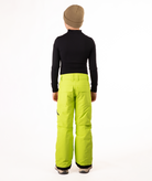 back of youth boy wearing a black long-sleeve shirt and bright green snow pants on a white background