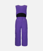 back of a pair of kids snow bibs in purple with black accents on a white background