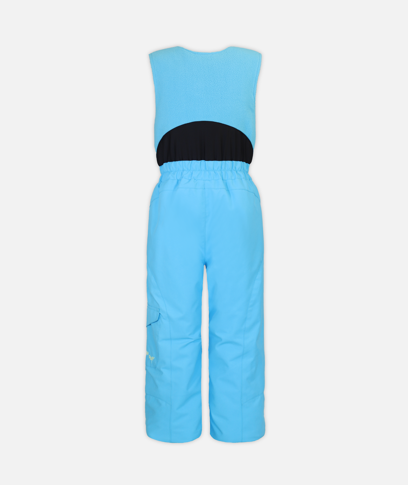 back of a pair of kids snow bibs in blue with black accents on a white background