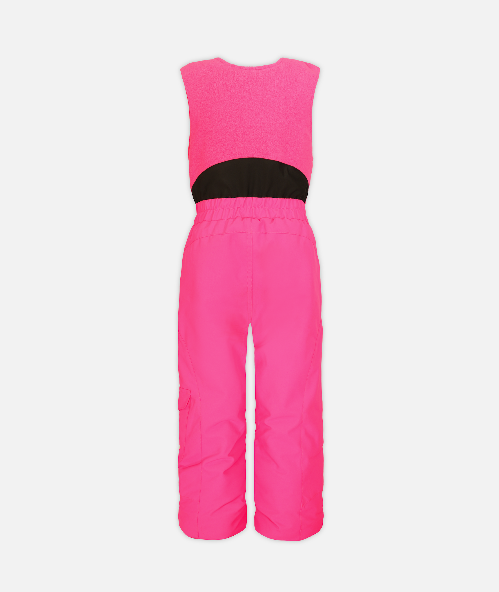 back of a child sized pink snow bib on a white background