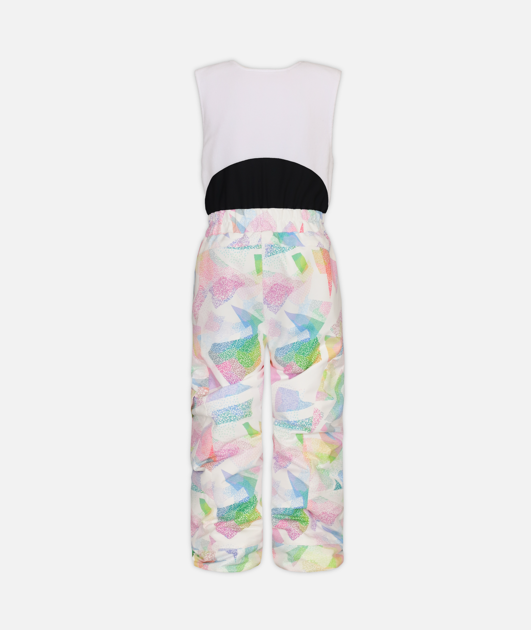 back of a multi colored abstract geometric kids snow bib with black accents on a white background