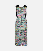 a multi colored zebra print kids snow bib with black accents on a white background