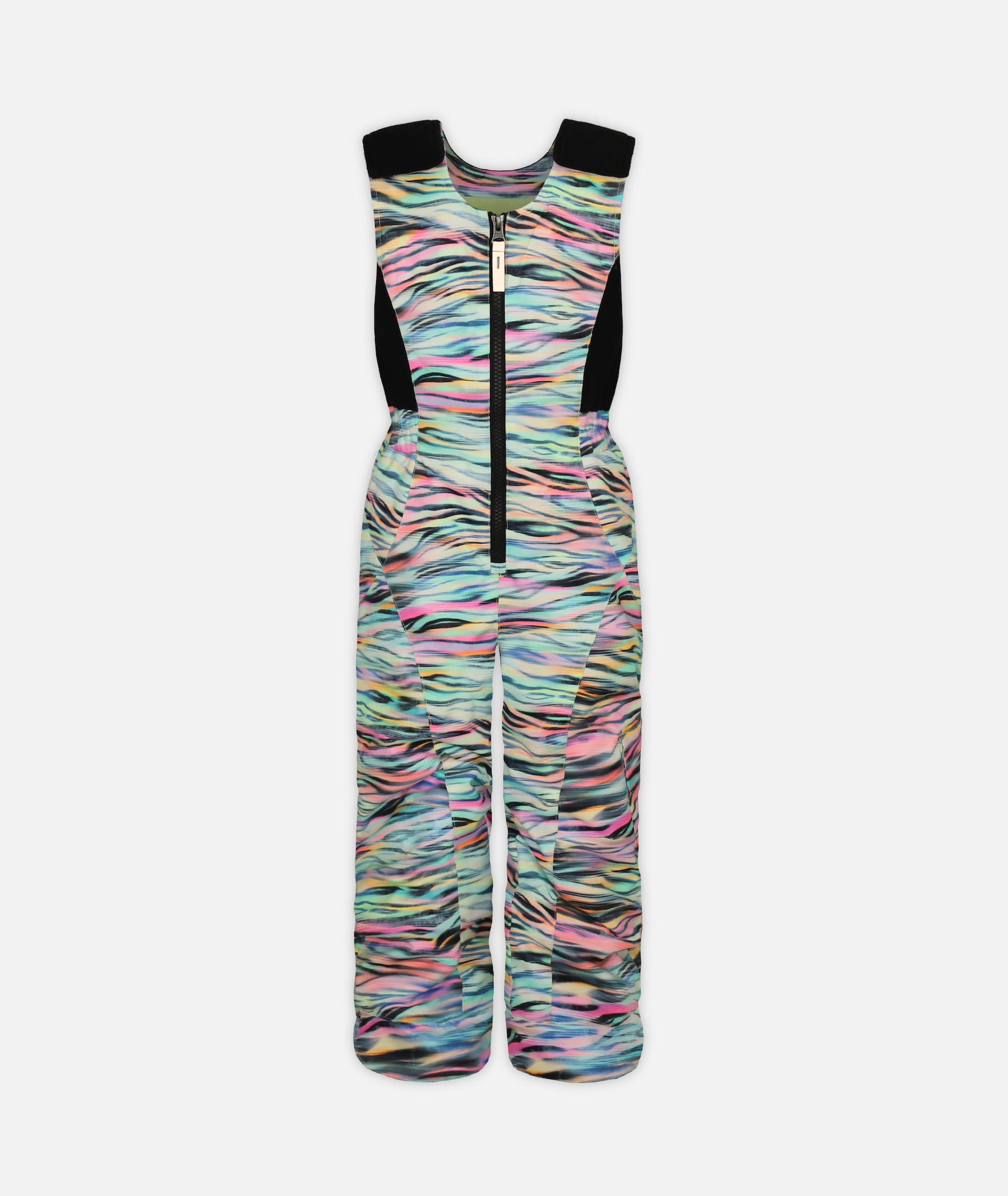 a multi colored zebra print kids snow bib with black accents on a white background