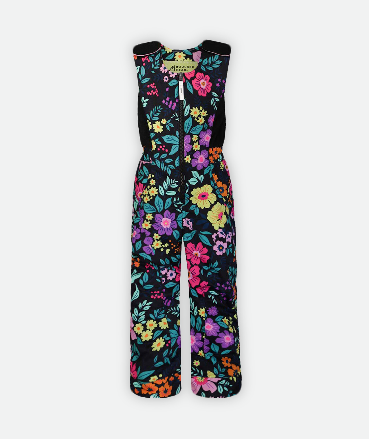 a multi colored floral print kids snow bib with black accents on a white background