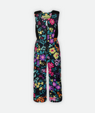 a multi colored floral print kids snow bib with black accents on a white background