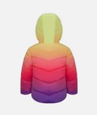back of a kids' jacket with a gradient color design ranging from yellow to purple, featuring a hood and rainbow zippers on a white background