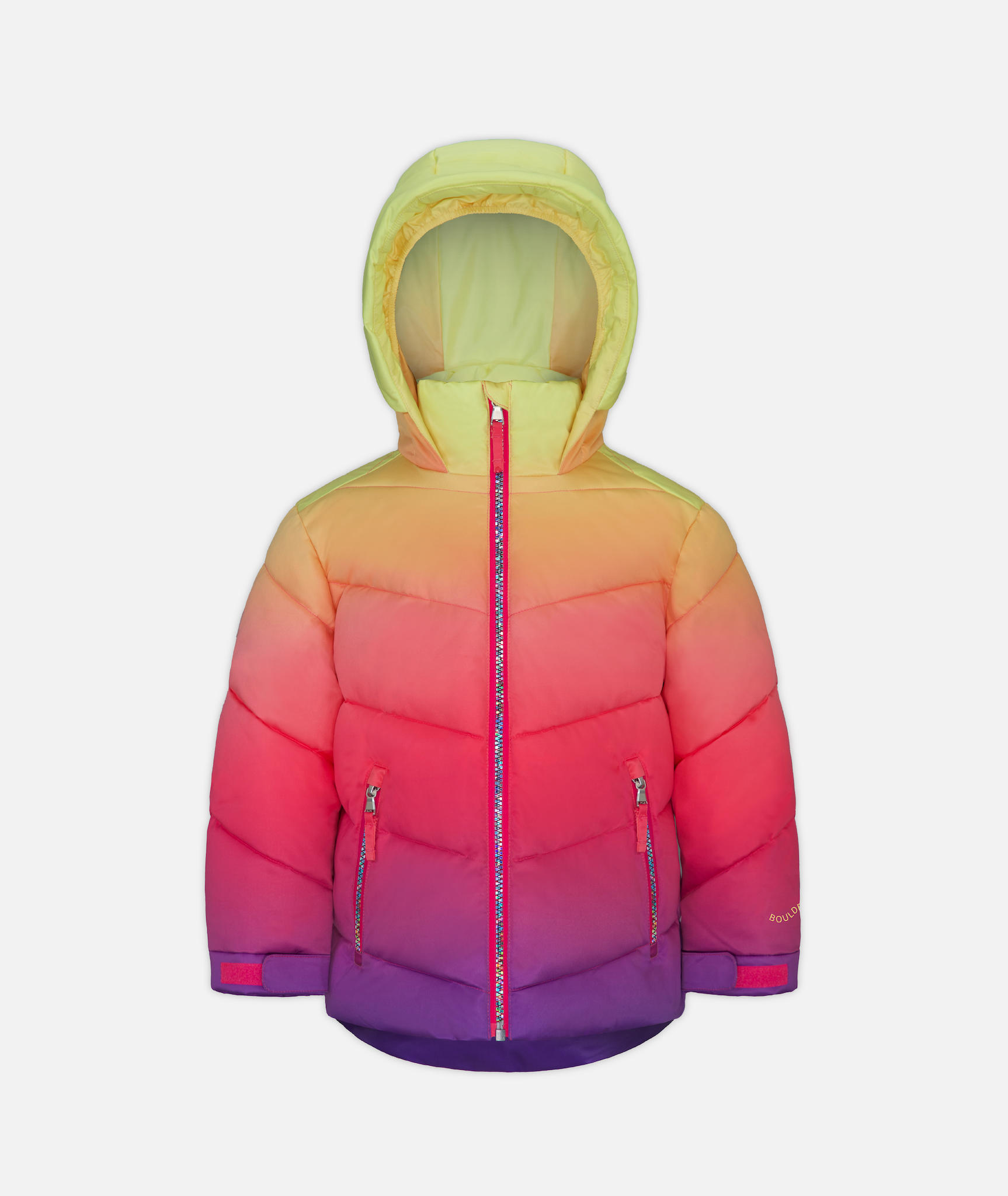 A kids' jacket with a gradient color design ranging from yellow to purple, featuring a hood and rainbow zippers on a white background