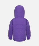 a kids purple quilted jacket with hood on a white background