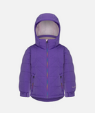 a kids purple quilted jacket with rainbow zipper and hood on a white background