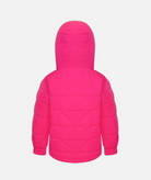a kids pink quilted jacket with hood on a white background