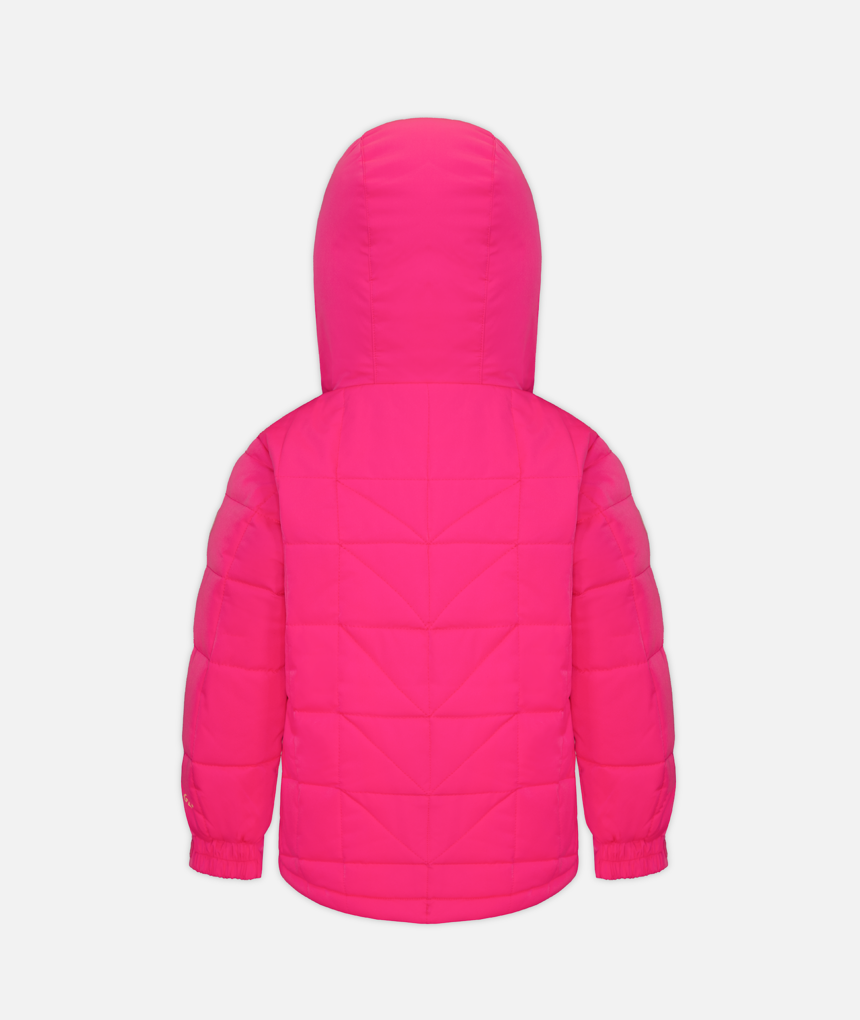 a kids pink quilted jacket with hood on a white background