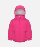 a kids pink quilted jacket with rainbow zipper and hood on a white background