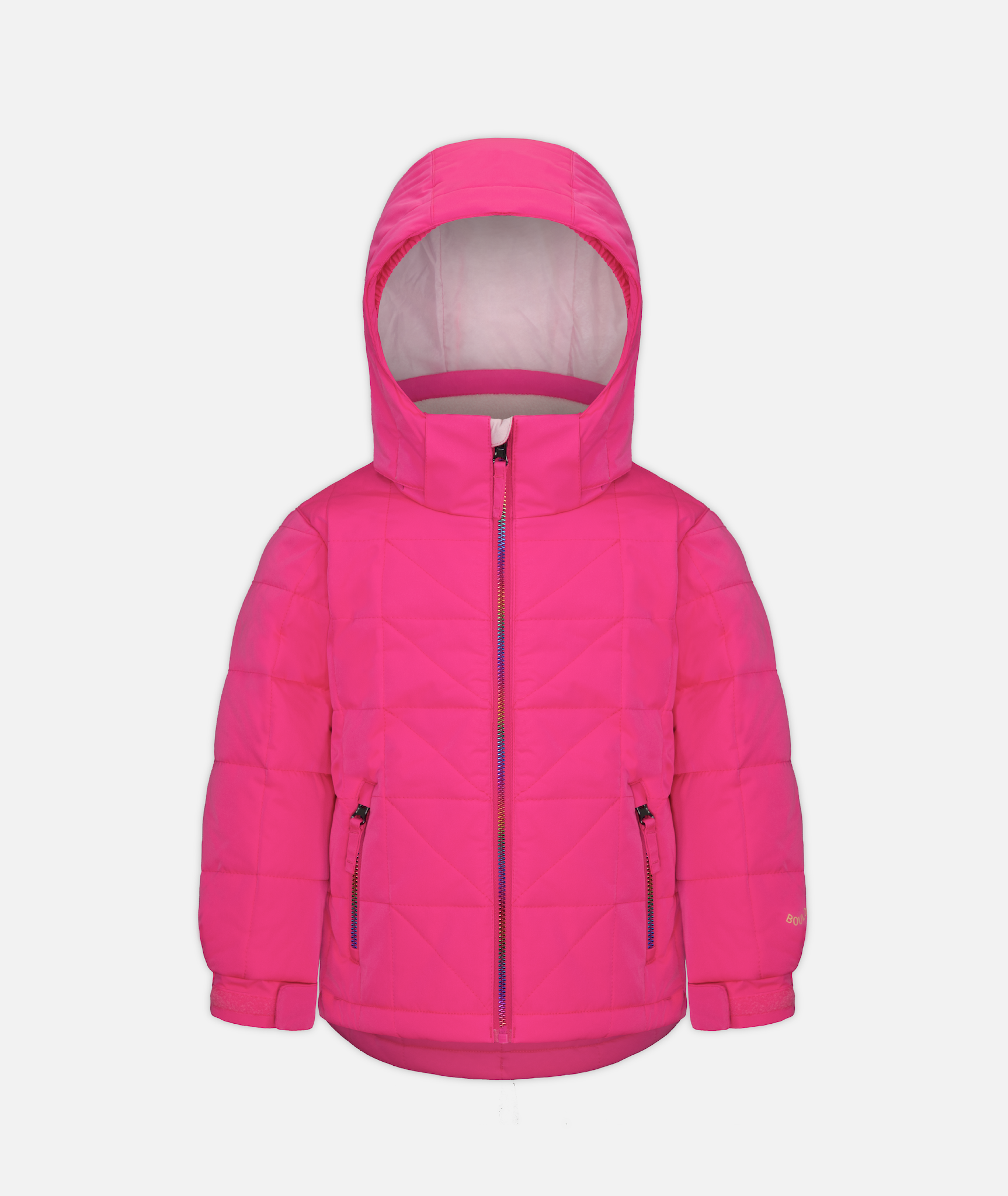 a kids pink quilted jacket with rainbow zipper and hood on a white background