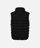 A kid's puffer vest in black on a white background 