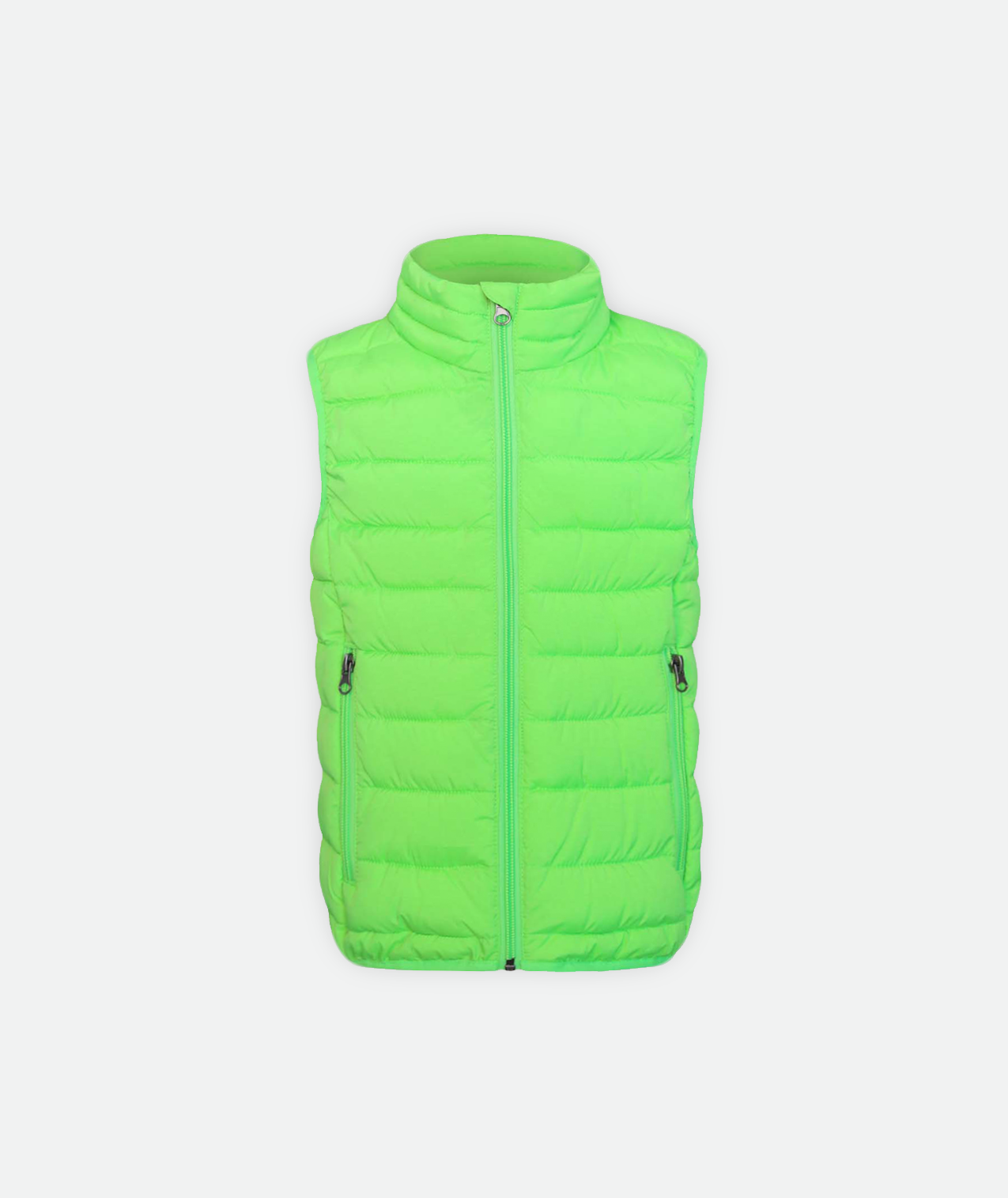 A bright green kid's Puffer Vest on a white background
