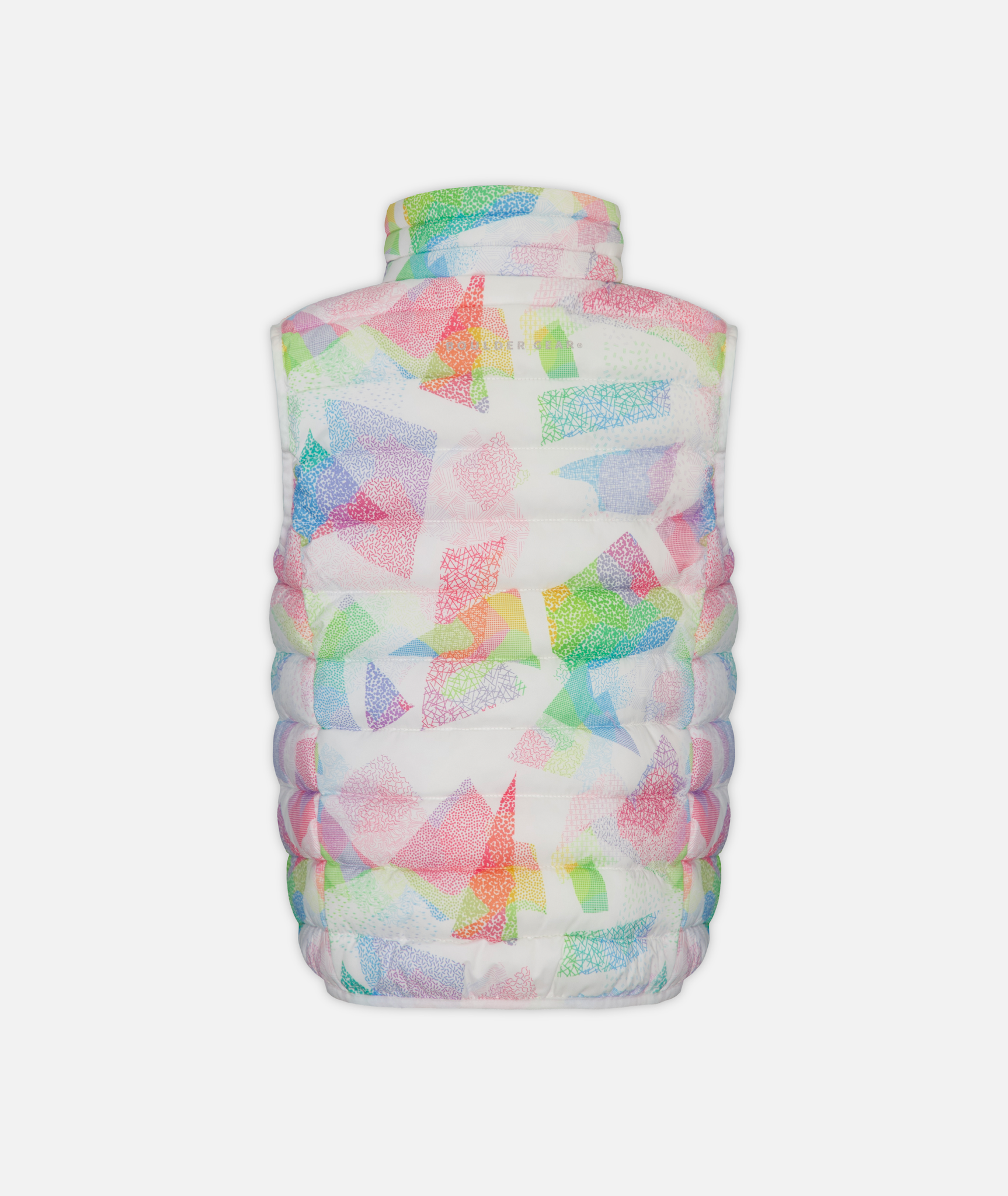 back of A multicolored geometric print kids' puffer vest with white accents on a white background
