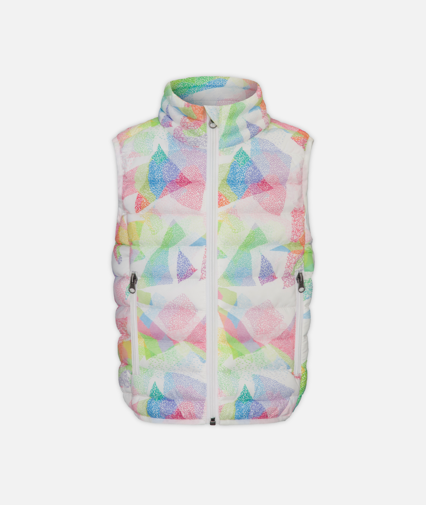 A multicolored geometric print kids' puffer vest with white accents on a white background
