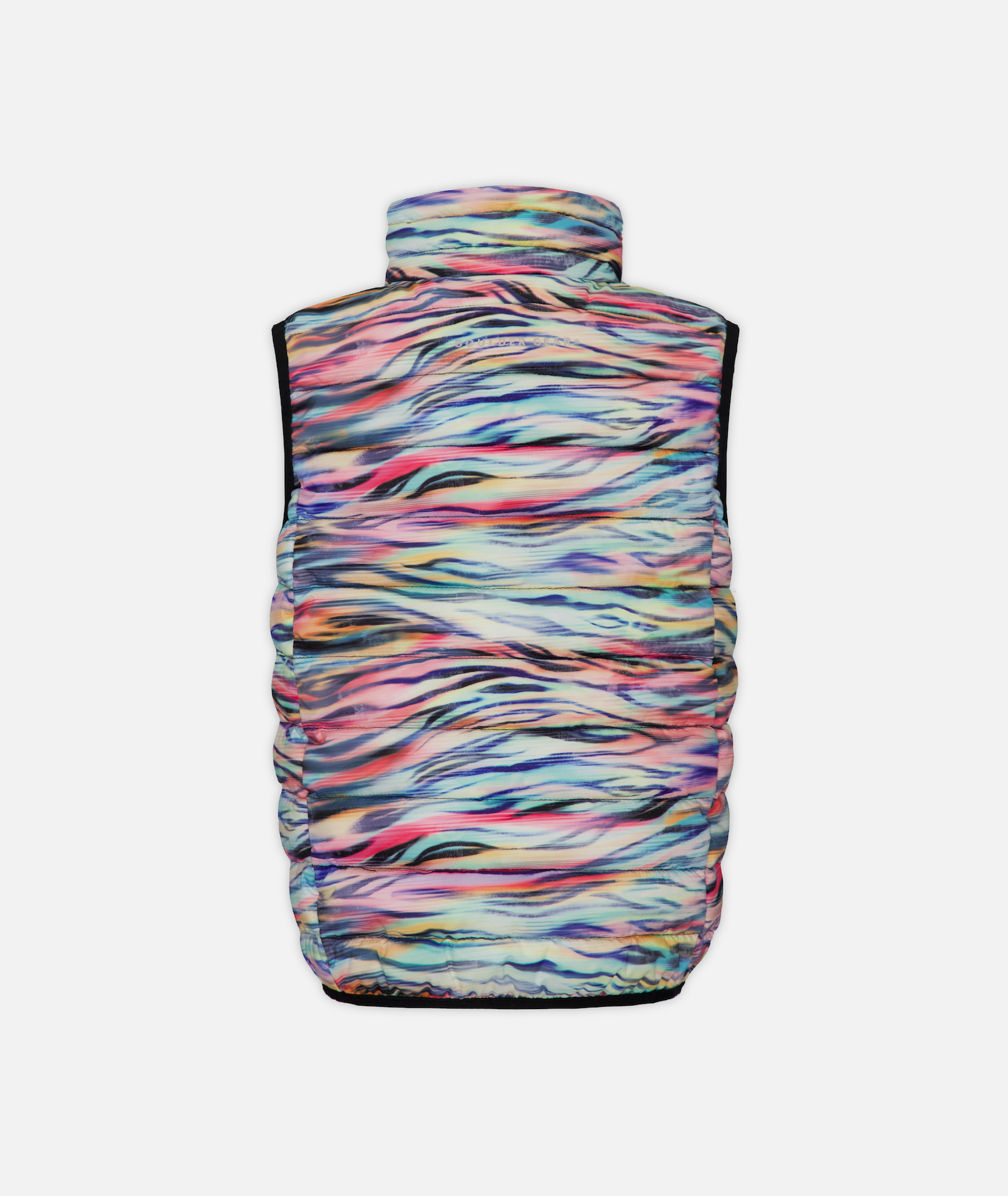 back of A multicolored zebra print kids' puffer vest with black accents on a white background
