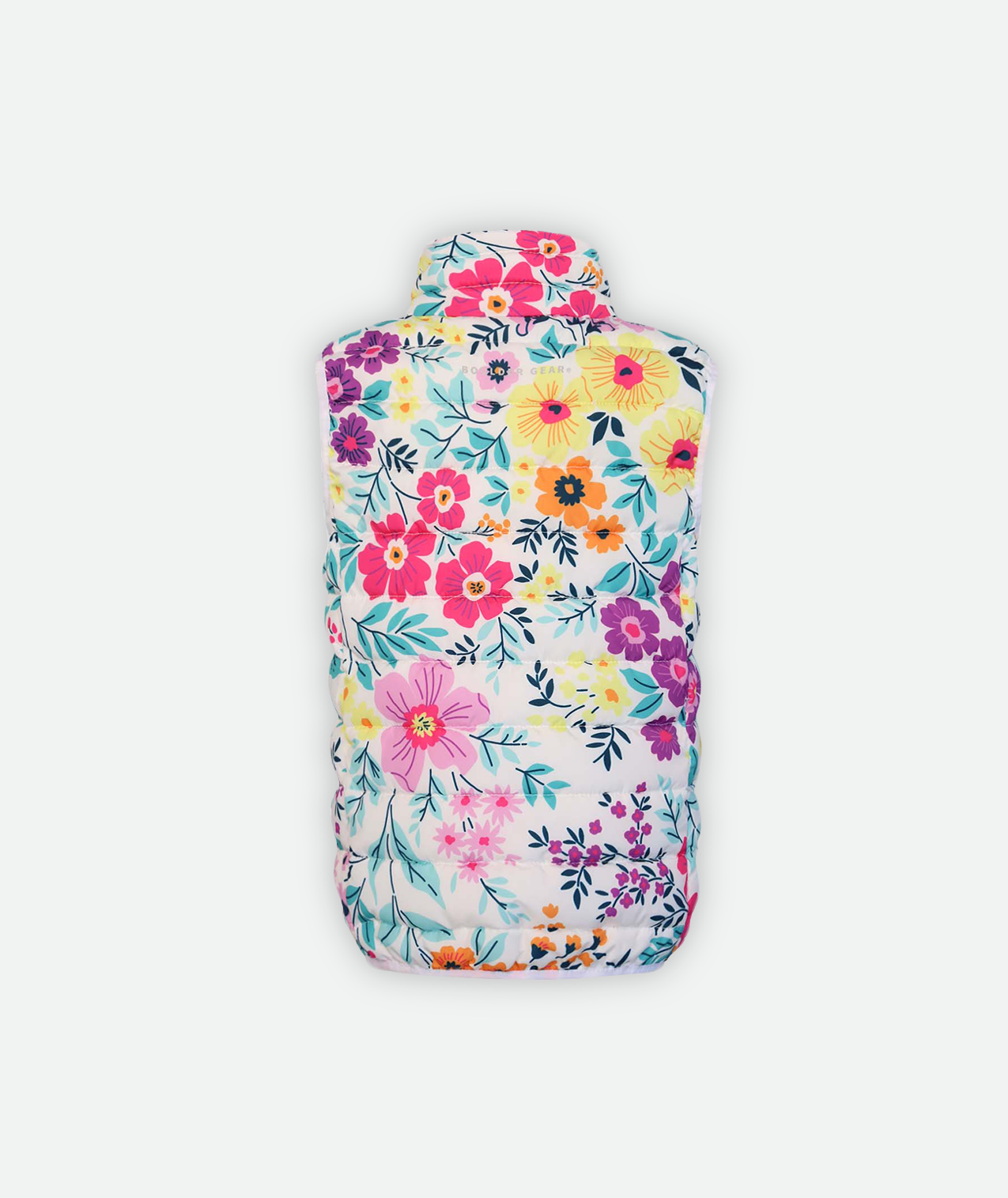 back of a kids floral printed puffy vest on a white background