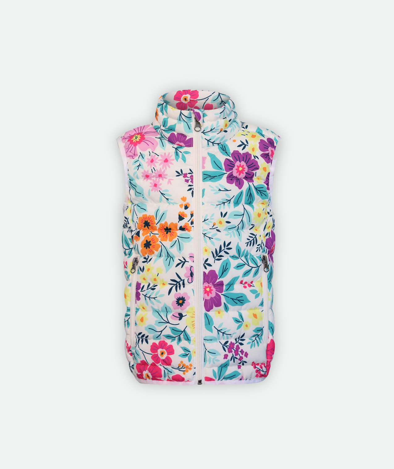kids floral printed puffy vest on a white background