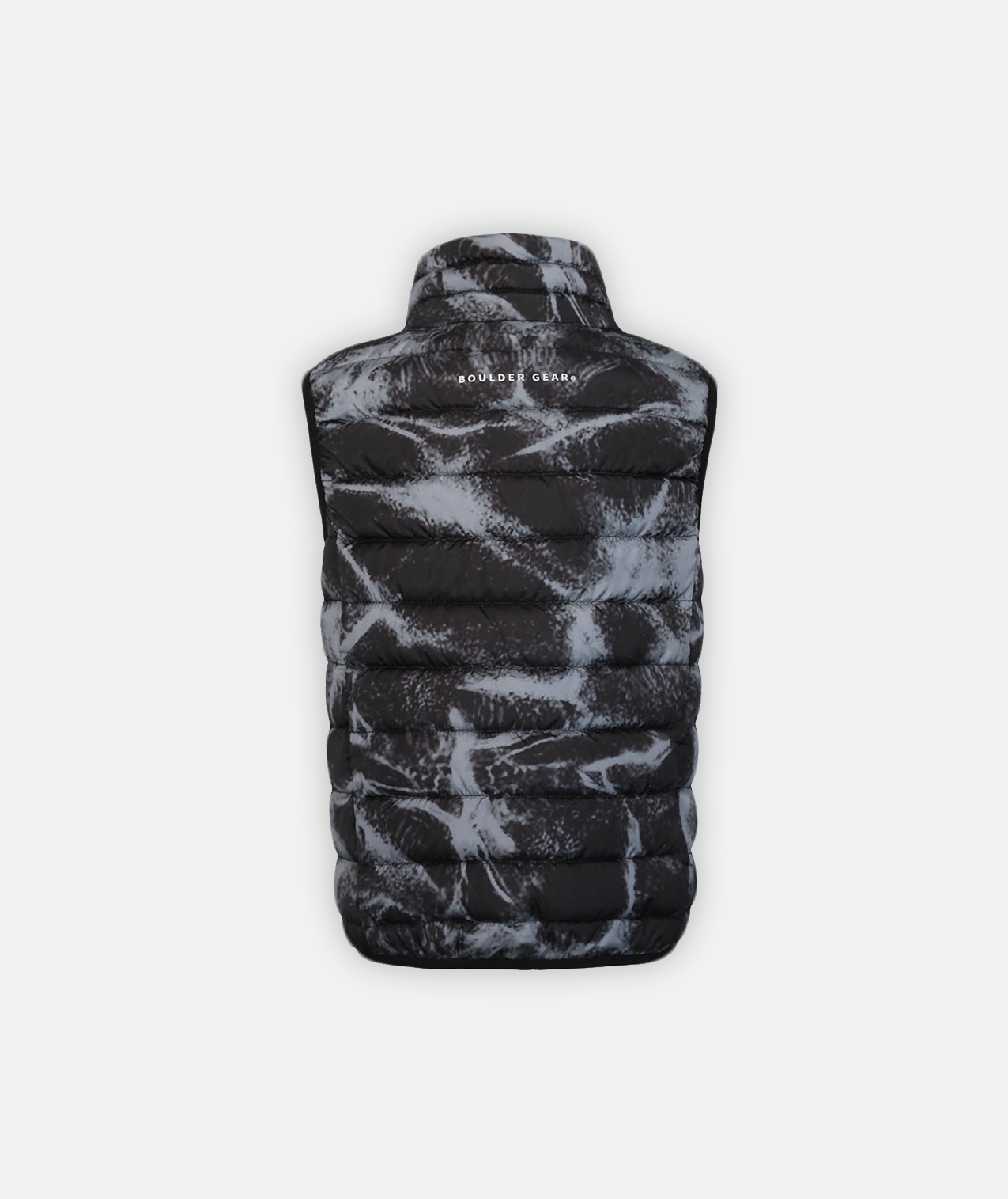 back of an abstract printed kid's Puffer Vest in black and gray on a white background