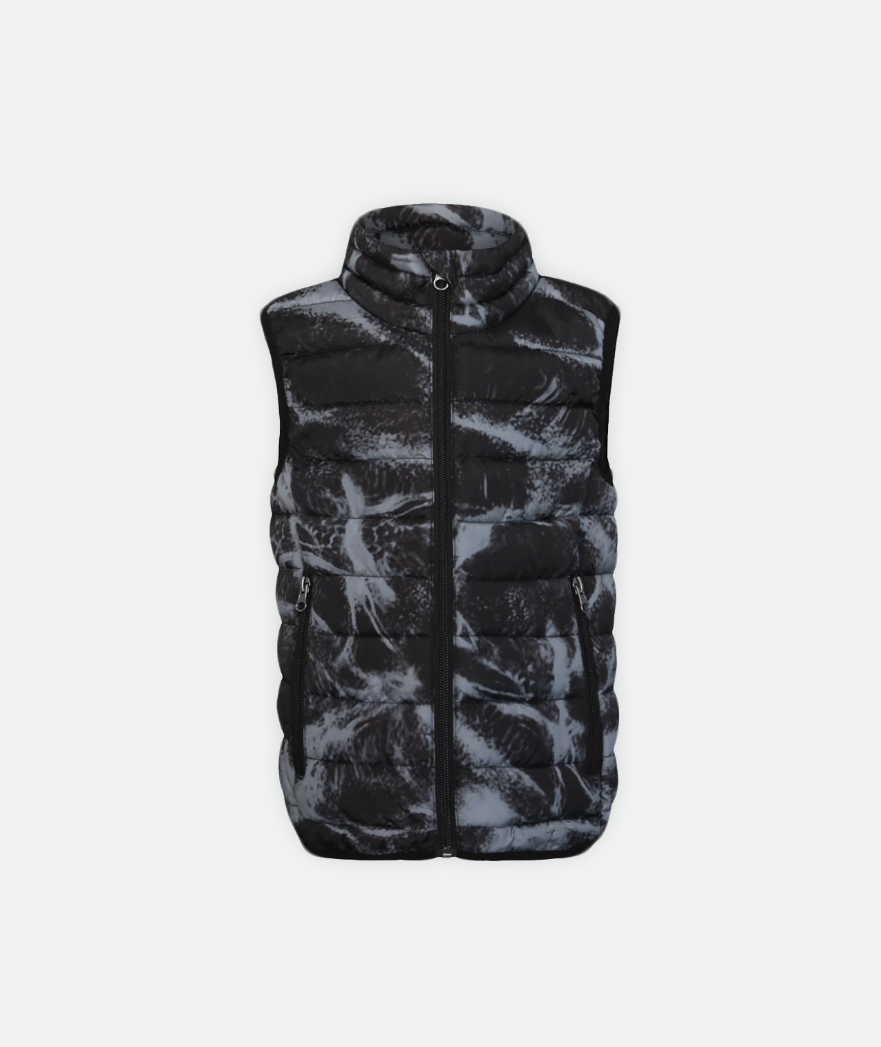 An abstract printed kid's Puffer Vest in black and gray on a white background