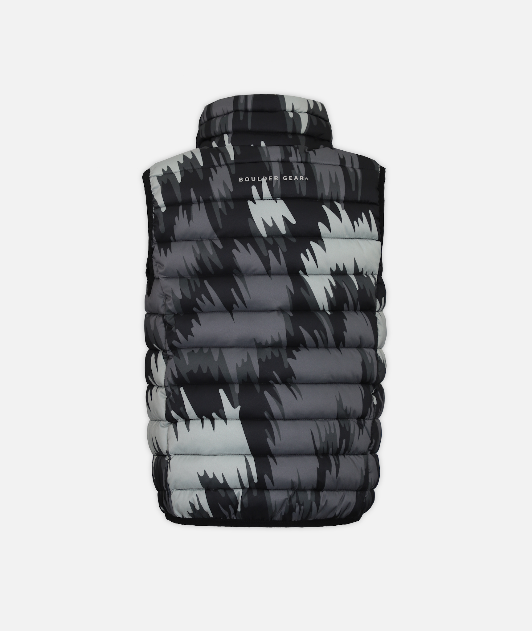 back of A kid's puffer vest with a abstract pattern in black and gray colors on a white background