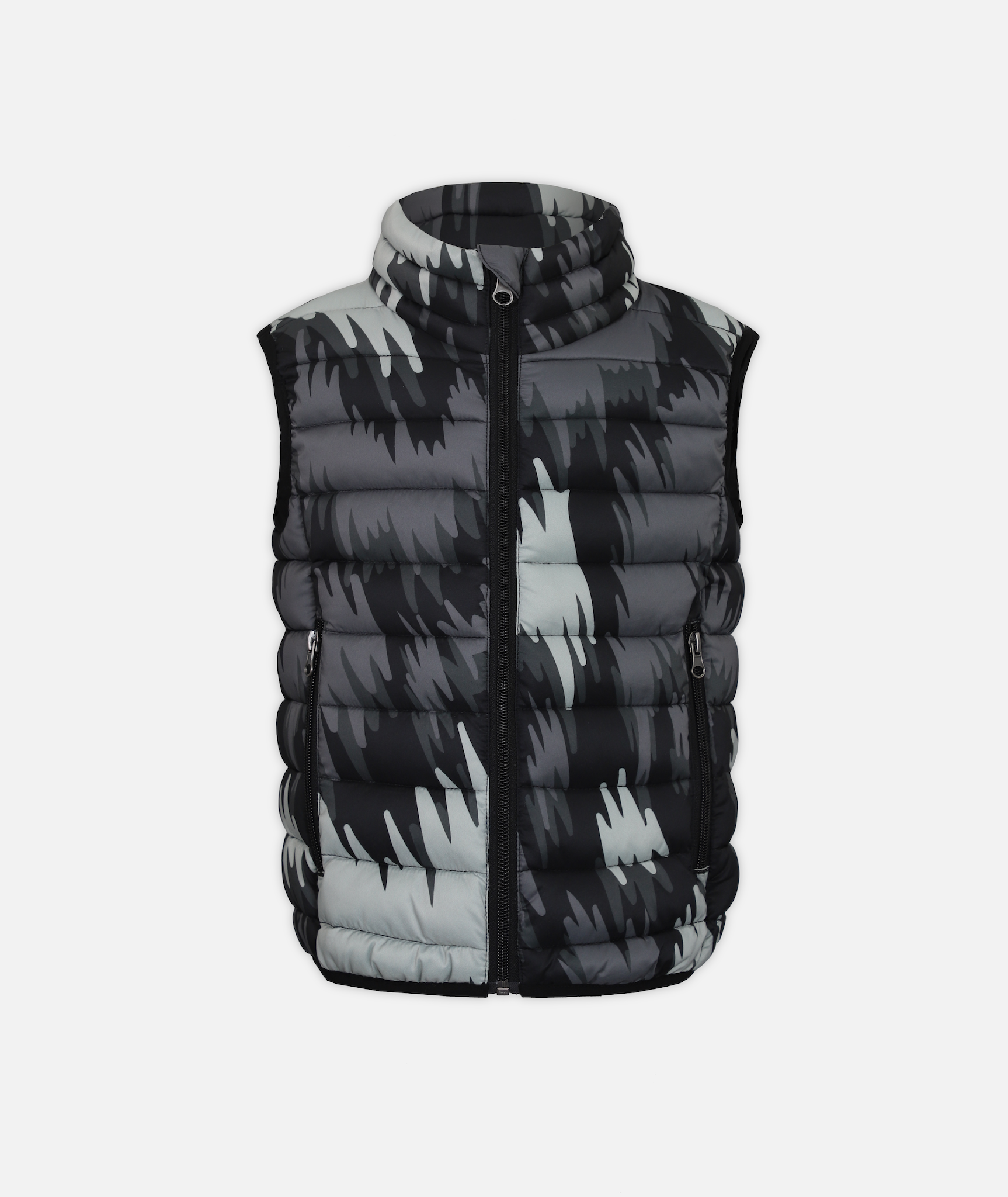 A kid's puffer vest with a abstract pattern in black and gray colors on a white background
