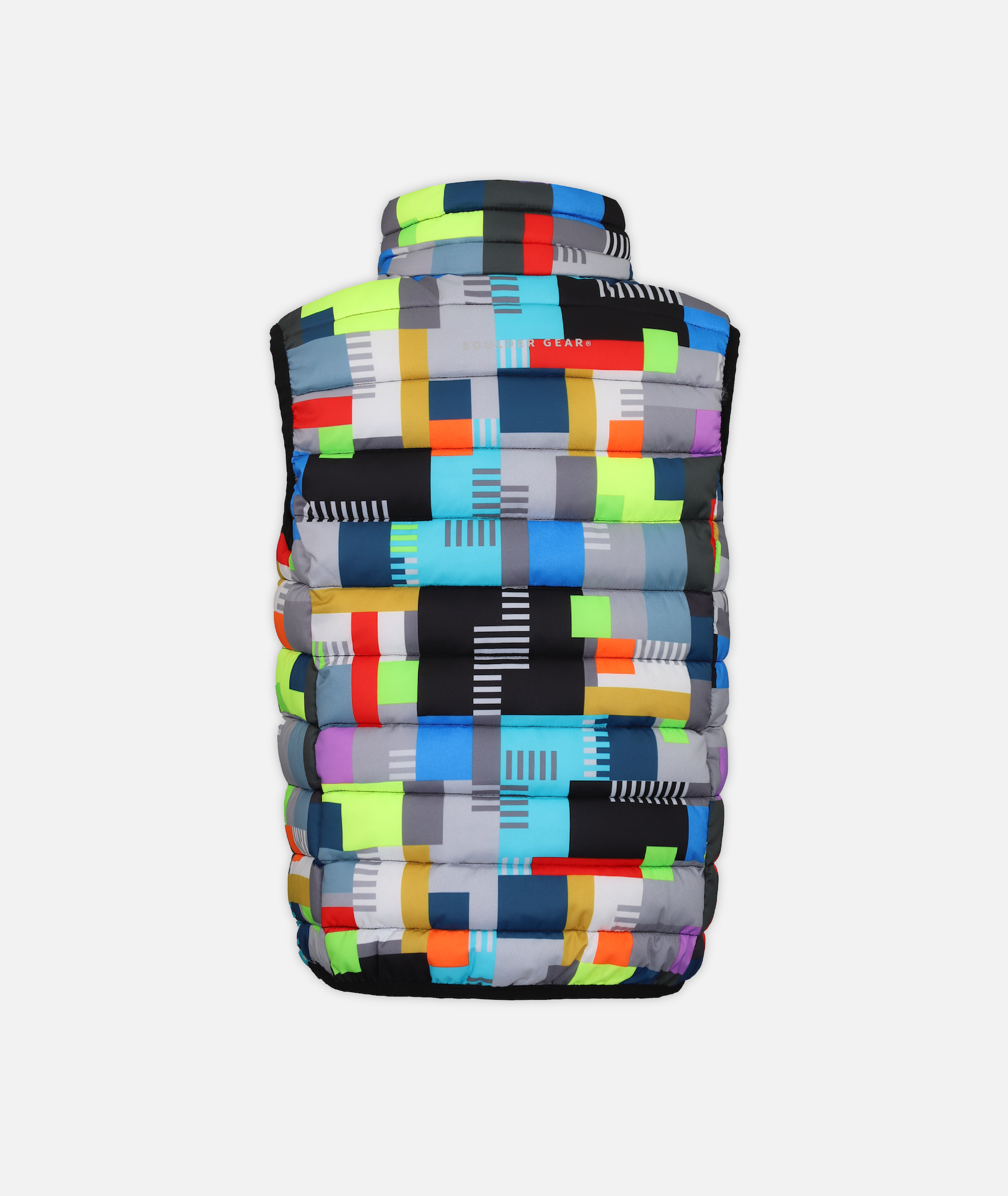 back of A kid's puffer vest with a multi colored geometric pattern on a white background 