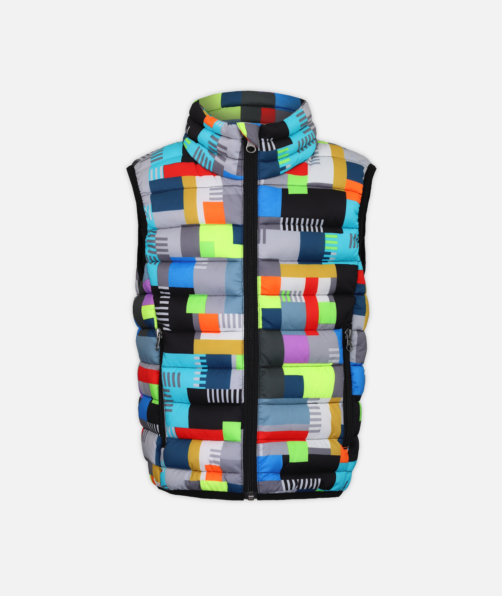 A kid's puffer vest with a multi colored geometric pattern on a white background 