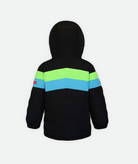 back of a kid's winter jacket with color blocks in black, blue, and green, featuring a hood on a white background