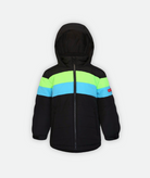 A kid's winter jacket with color blocks in black, blue, and green, featuring a hood on a white background