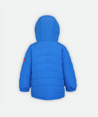 back of a kids quilted jacket in blue with a hood on a white background