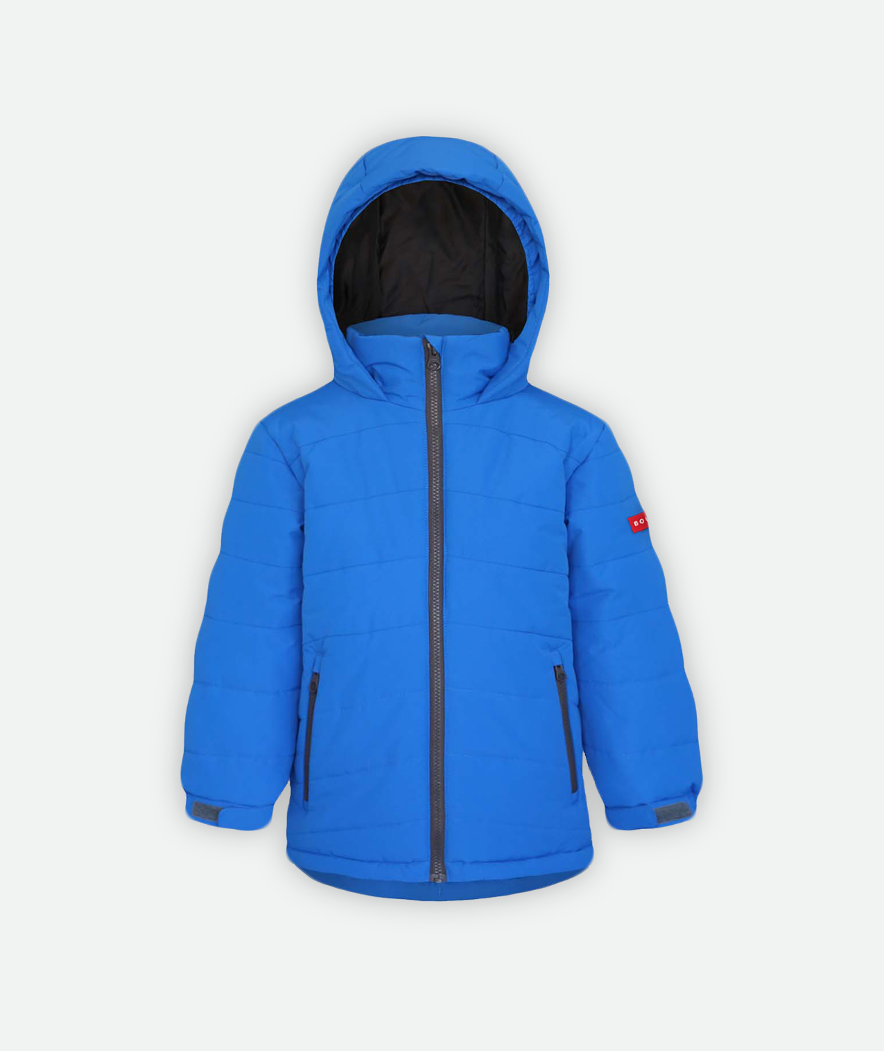 a kids quilted jacket in blue with a hood on a white background