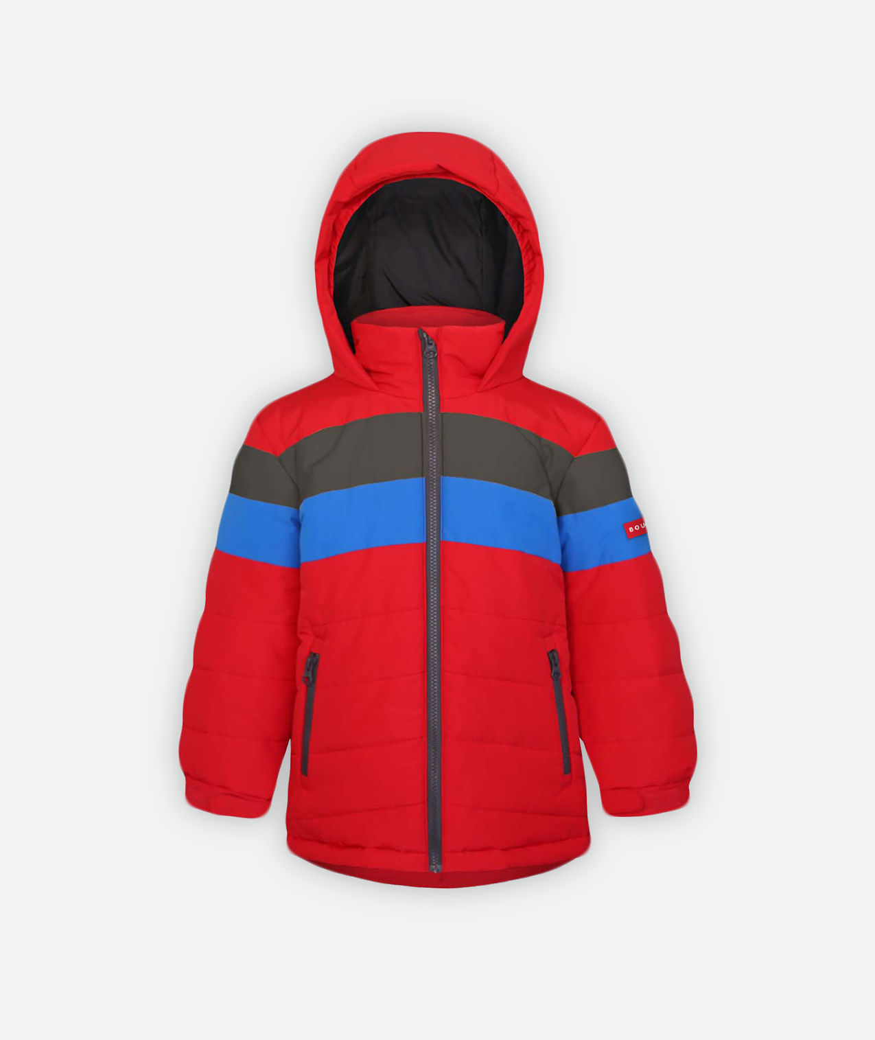 a kids quilted jacket in red with gray and blue stripes with a hood on a white background