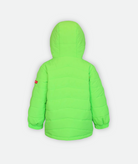 back of a kids quilted jacket in bright green with a hood on a white background