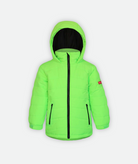 a kids quilted jacket in bright green with a hood on a white background