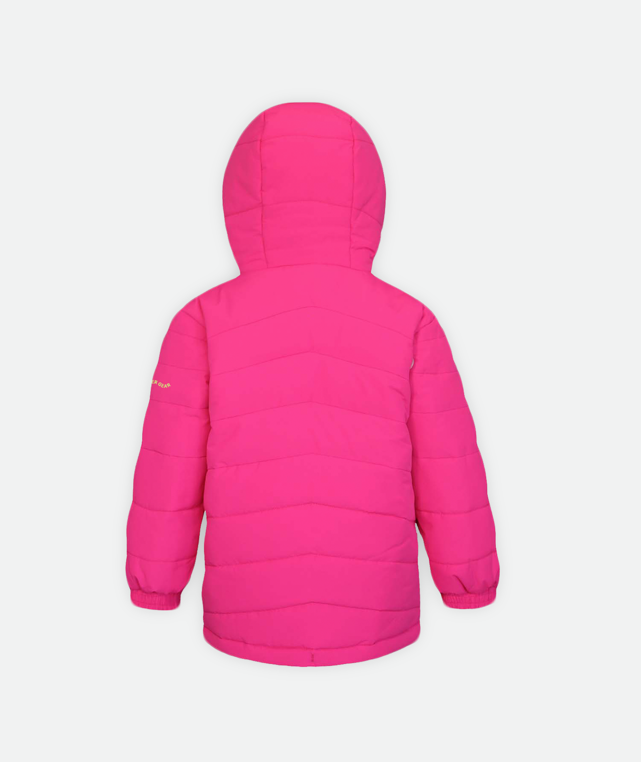 back of a kid's quilted jacket with bright pink body and hood on a white background