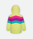back of a kid's quilted jacket with bright yellow body, pink, purple and teal stripes and hood on a white background