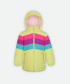 A kid's quilted jacket with bright yellow body, pink, purple and teal stripes, rainbow zipper and hood on a white background