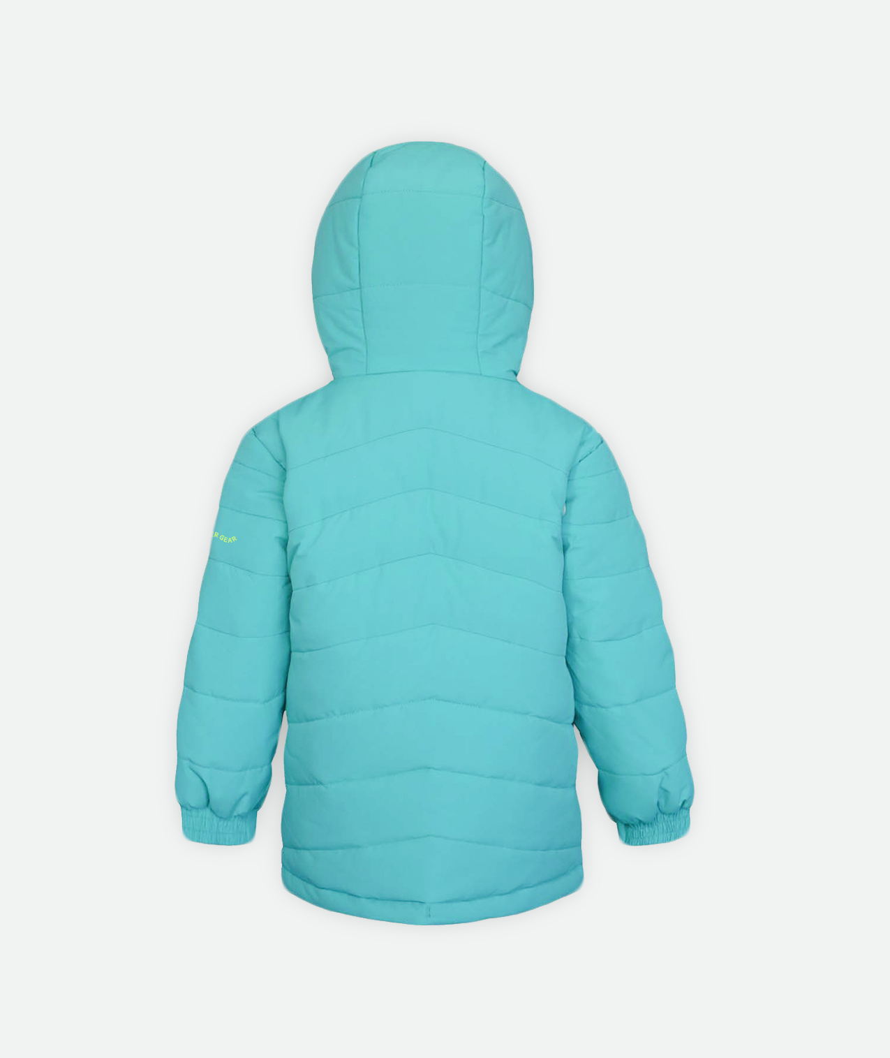 back of a kid's quilted jacket with teal body and hood on a white background