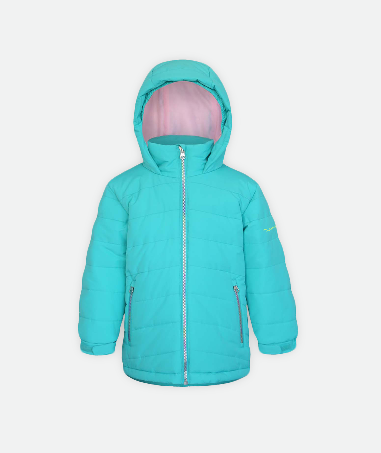A kid's quilted jacket with teal body, rainbow zippers and hood on a white background